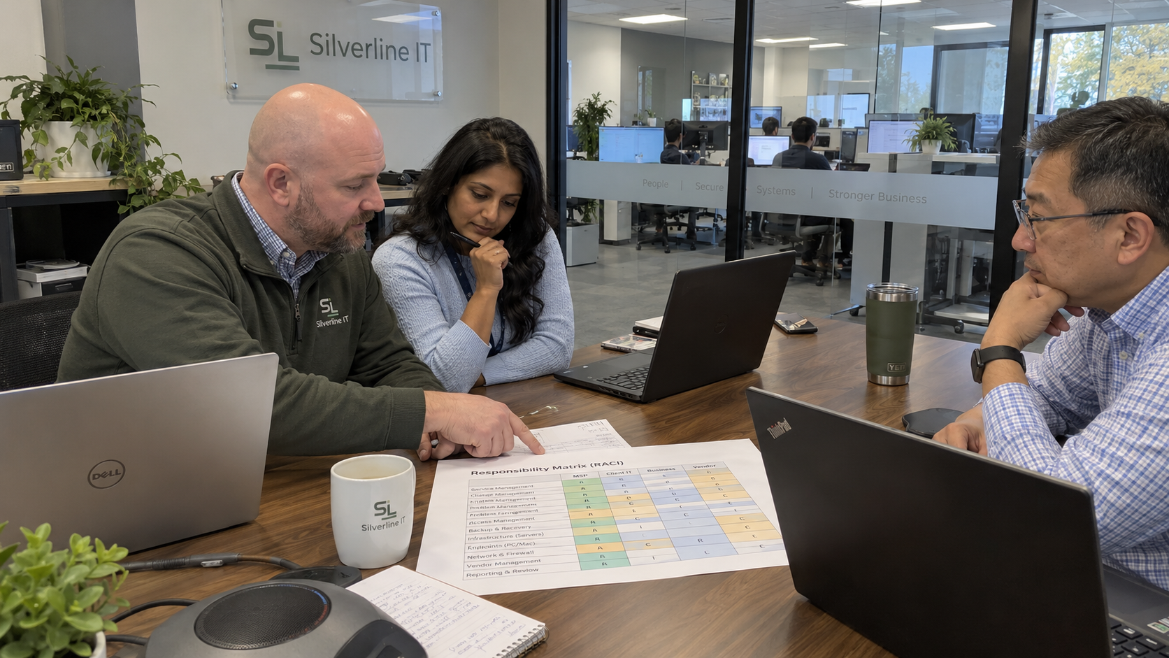 MSP and client leaders review a RACI matrix IT teams can use to divide co-managed work