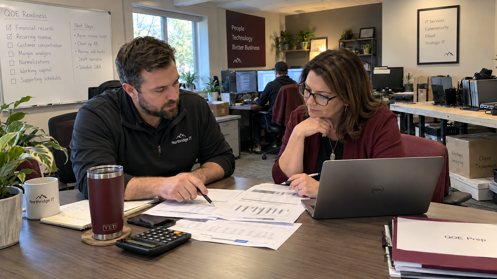 MSP owner and adviser reviewing records for a quality of earnings report in an IT office.
