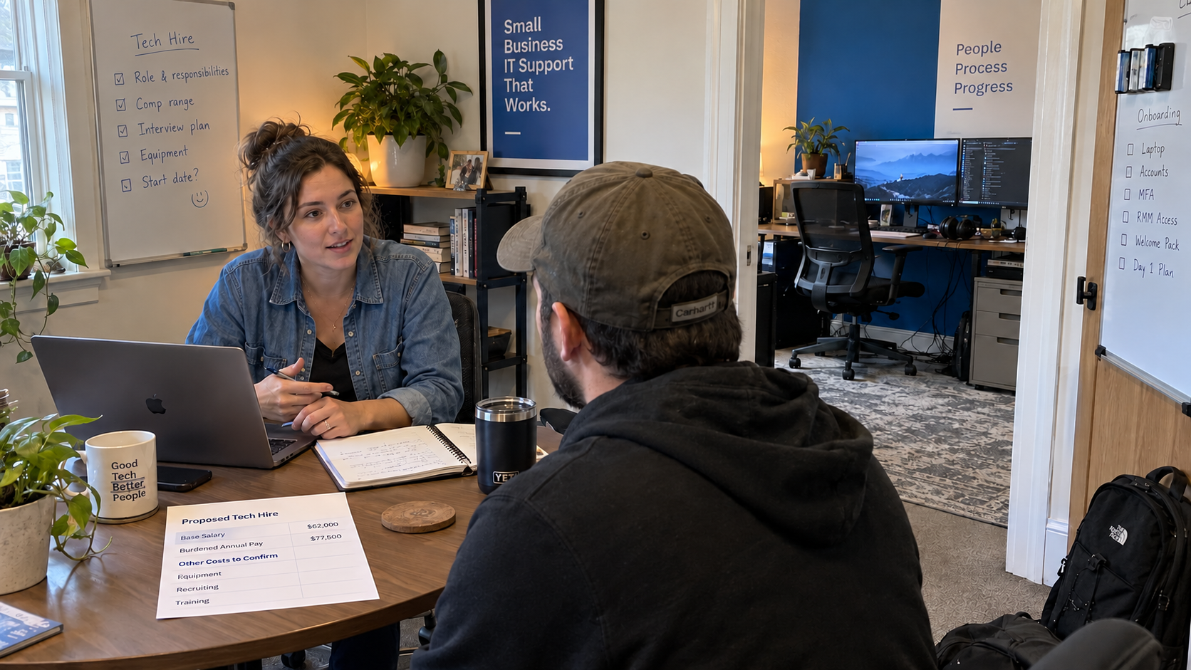 MSP owner discusses a technician role with a candidate while deciding when to hire your first employee
