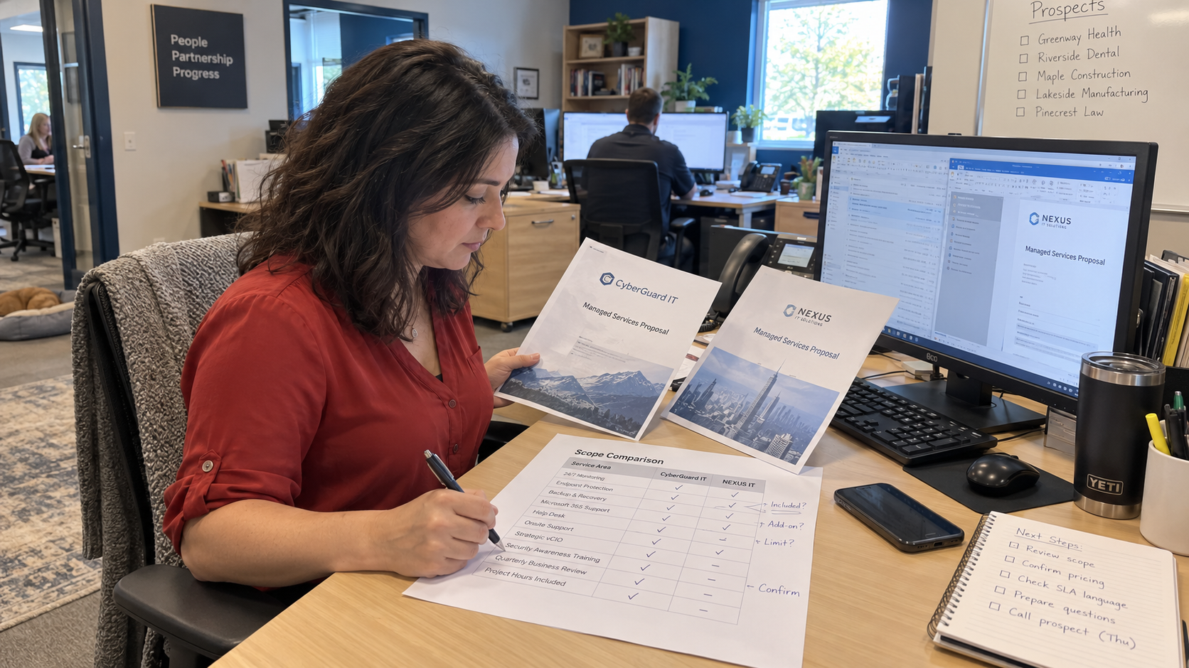 Salesperson compares MSP proposal scope while planning how to compete with low price competitors