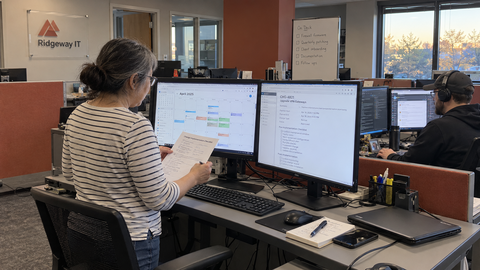 MSP coordinator checks an IT change management process against an approved work record and shared calendar