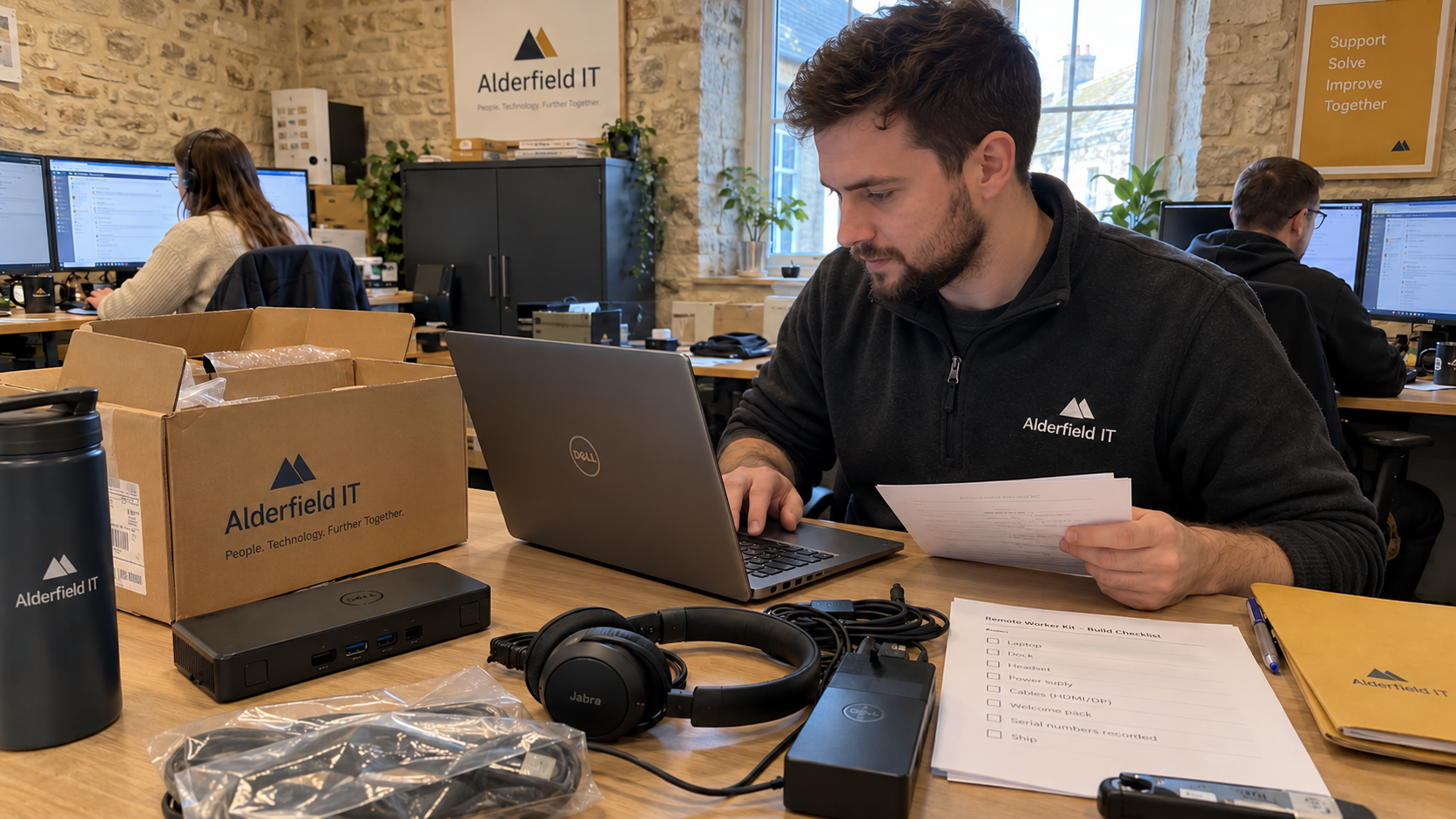 Technician checks a laptop kit against a work from home equipment policy before dispatch