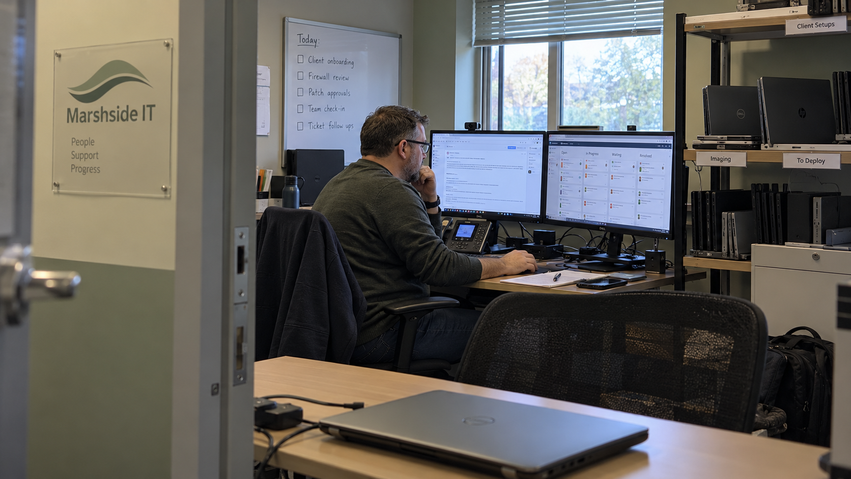An MSP desk lead reviews a vendor reply and help desk ticket statuses at a support workstation.