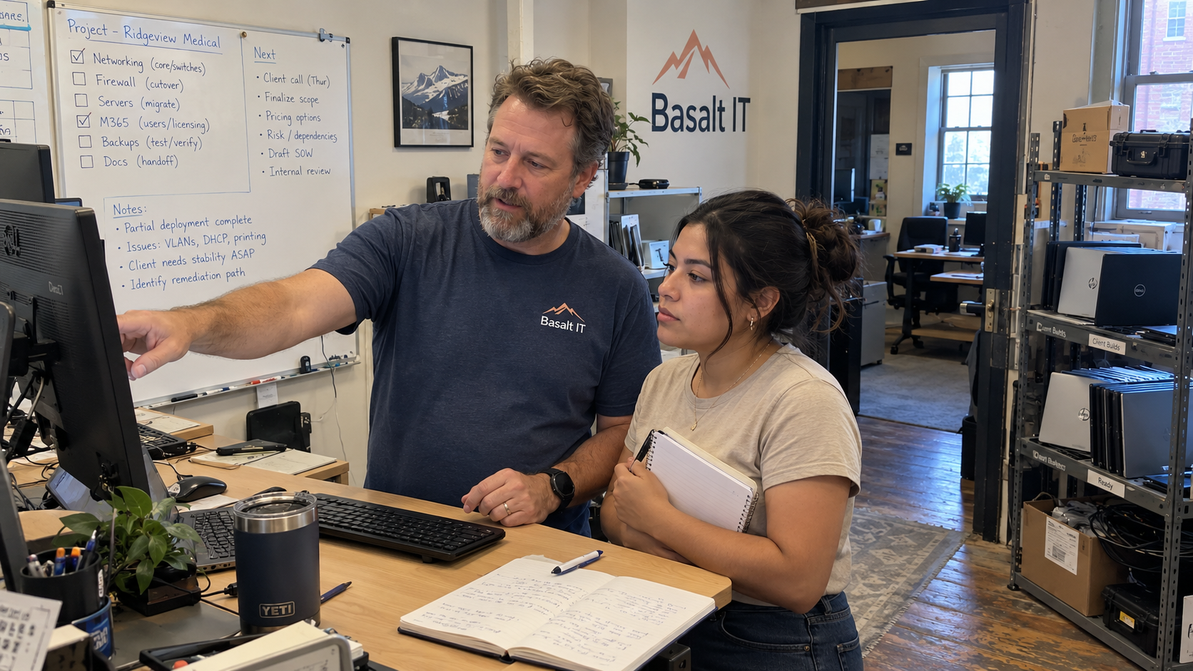 MSP engineer and salesperson review a partly completed setup for IT project cost estimation