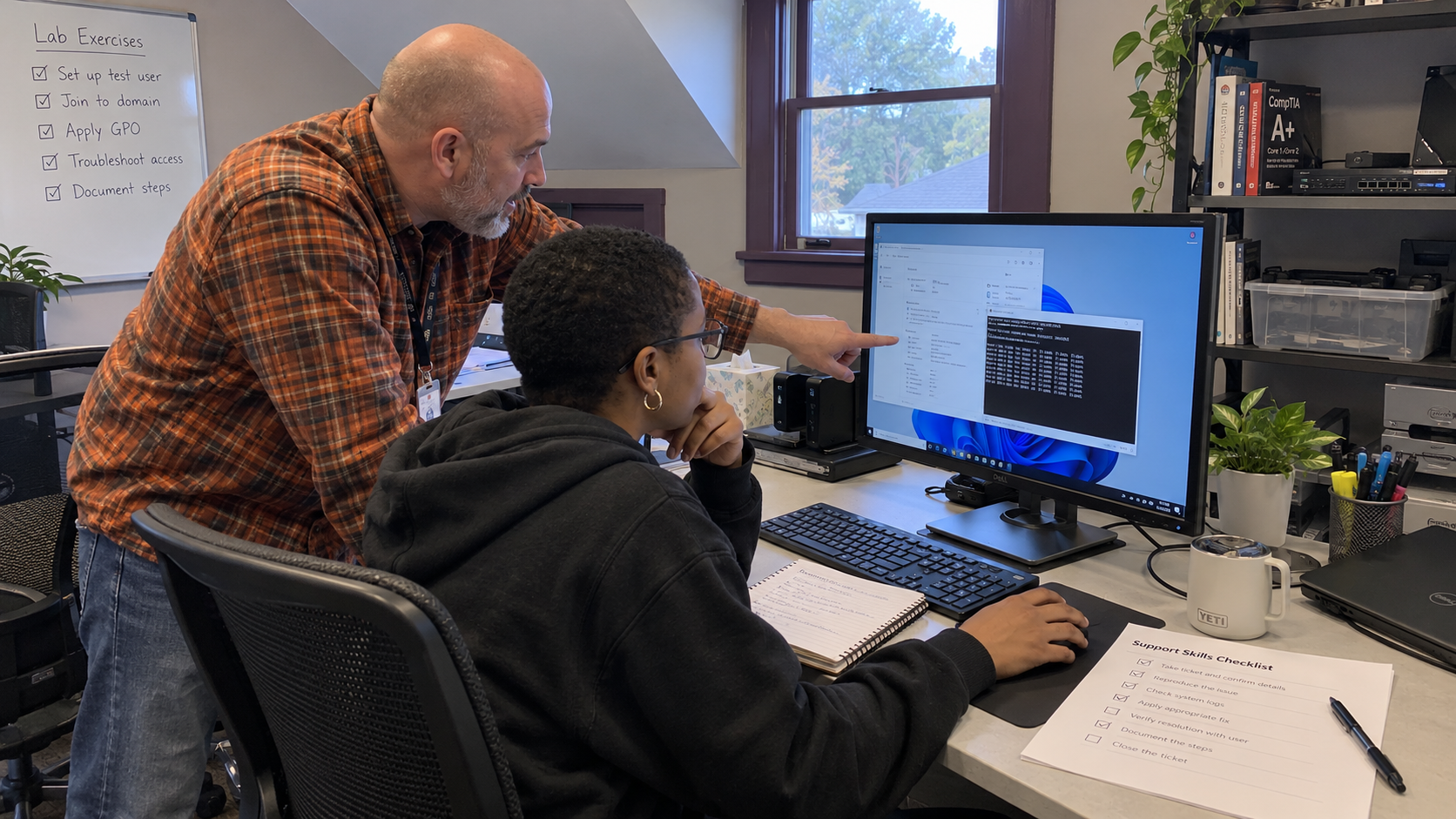 Technician coaches a colleague through a support exercise to update the MSP IT skills matrix