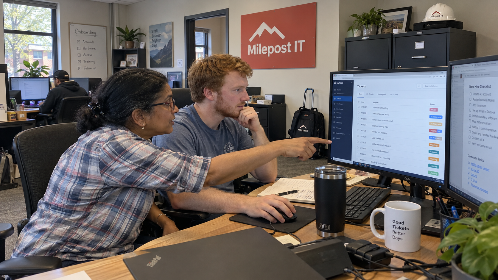 An experienced MSP technician acts as an onboarding buddy, walking a new hire through the ticket queue.