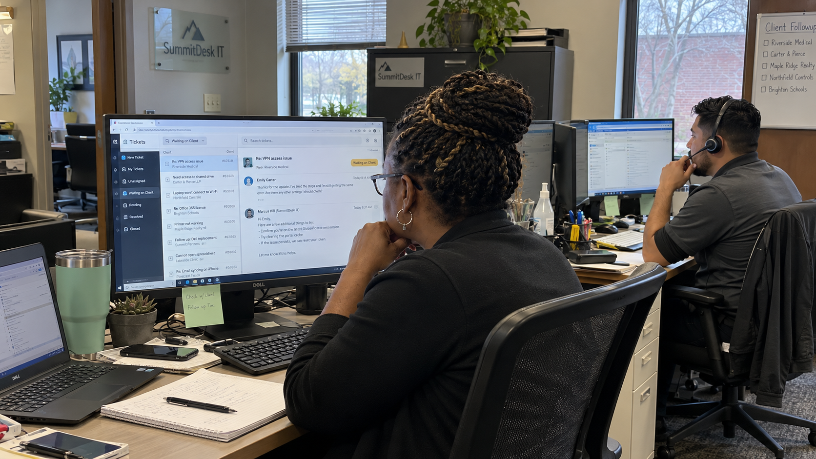 MSP support lead reviews client replies and waiting states before deciding which work can auto close tickets