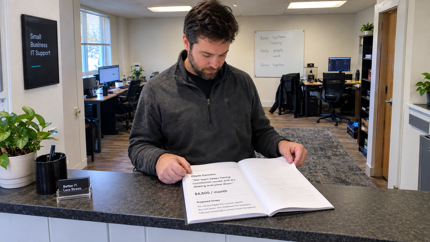 An MSP account manager reads a proposal with a monthly price and proposed scope at an office counter.