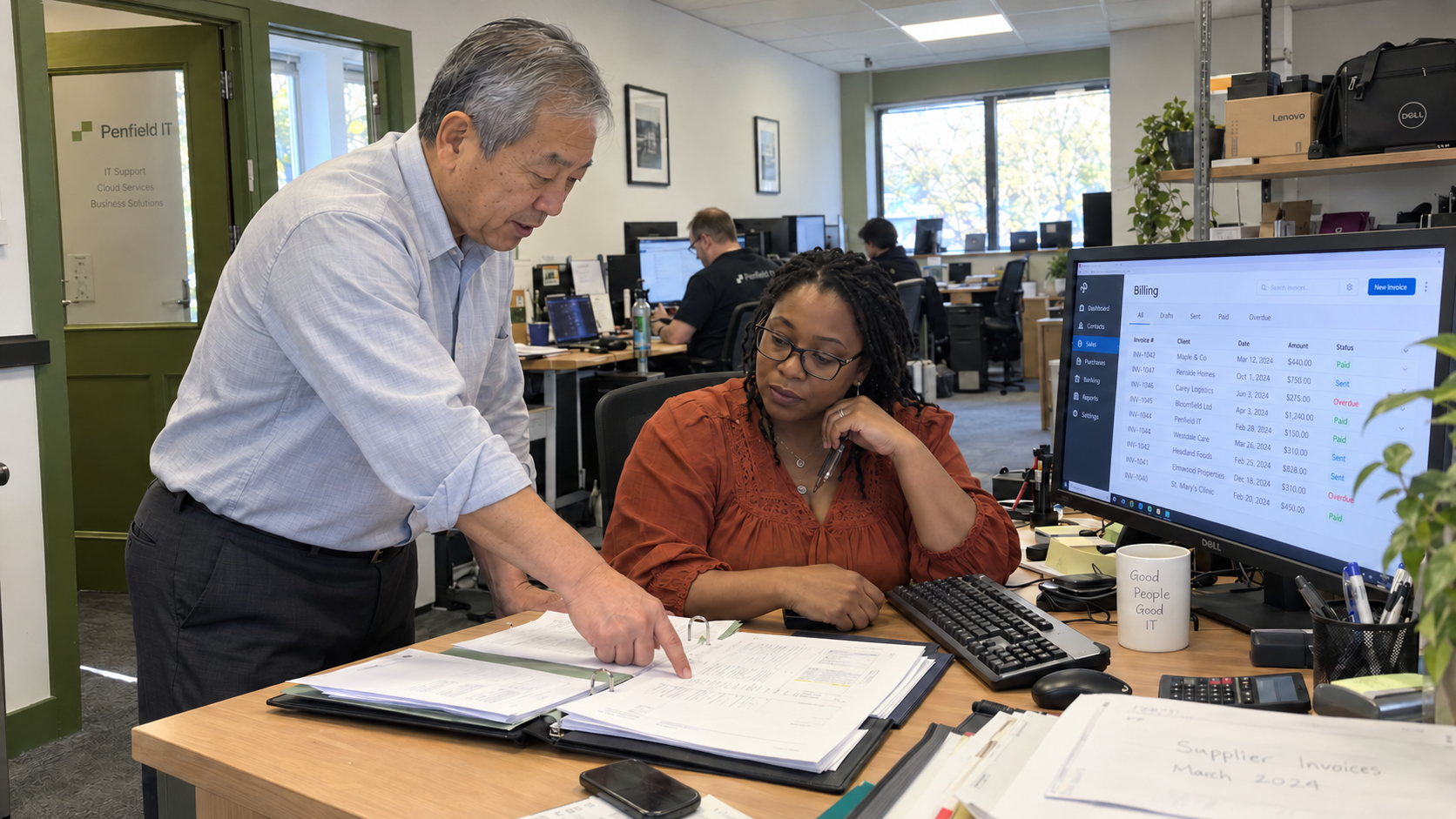 An MSP owner tackling small business owner burnout hands billing updates to an accounts colleague