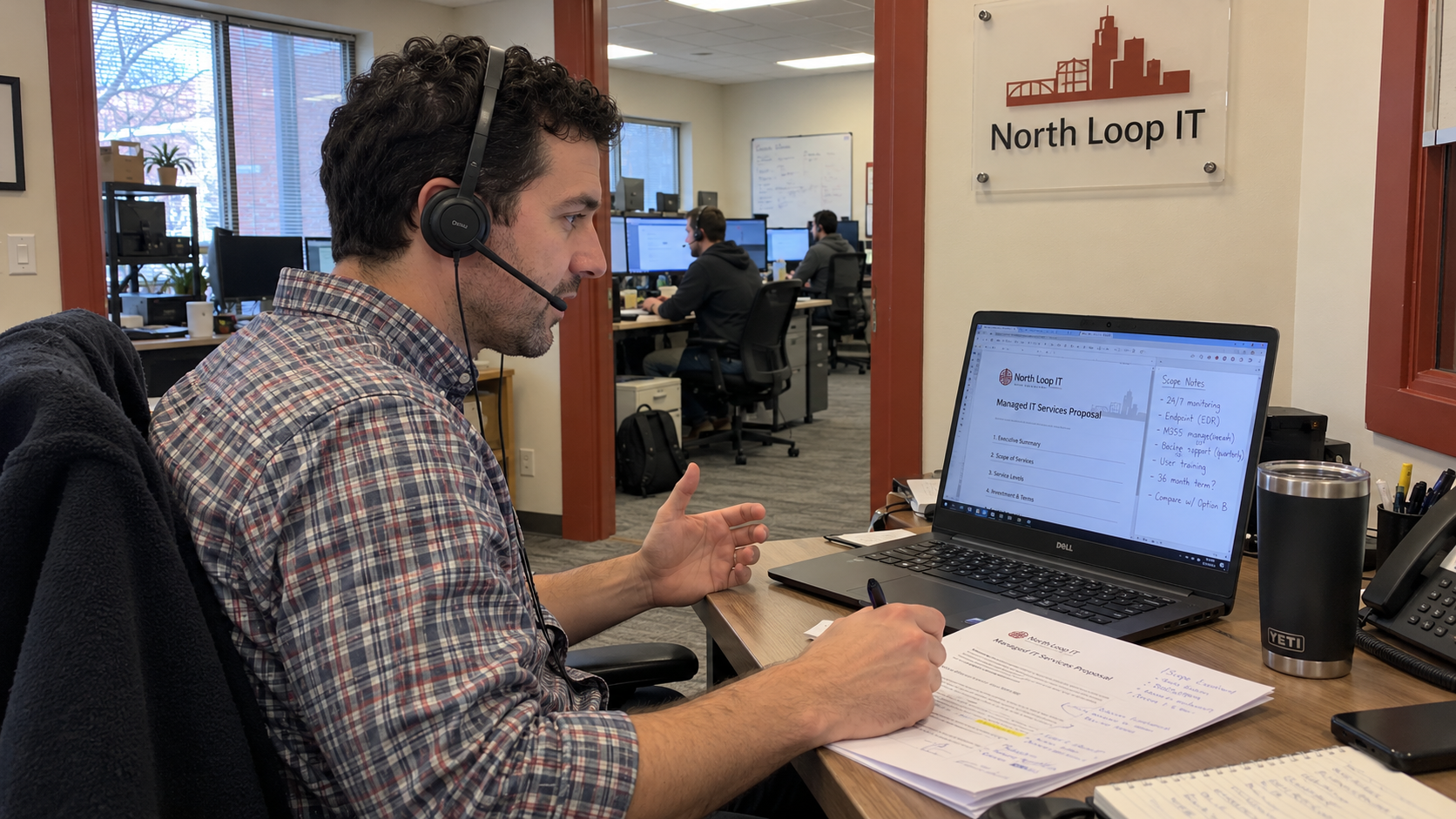 MSP seller reviews proposal scope while handling price objections on a headset call with a prospect