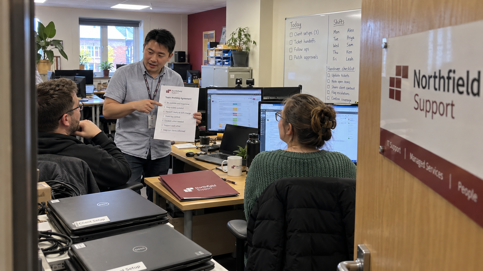 An MSP desk lead discusses a team working agreement with technicians at their support workstations.