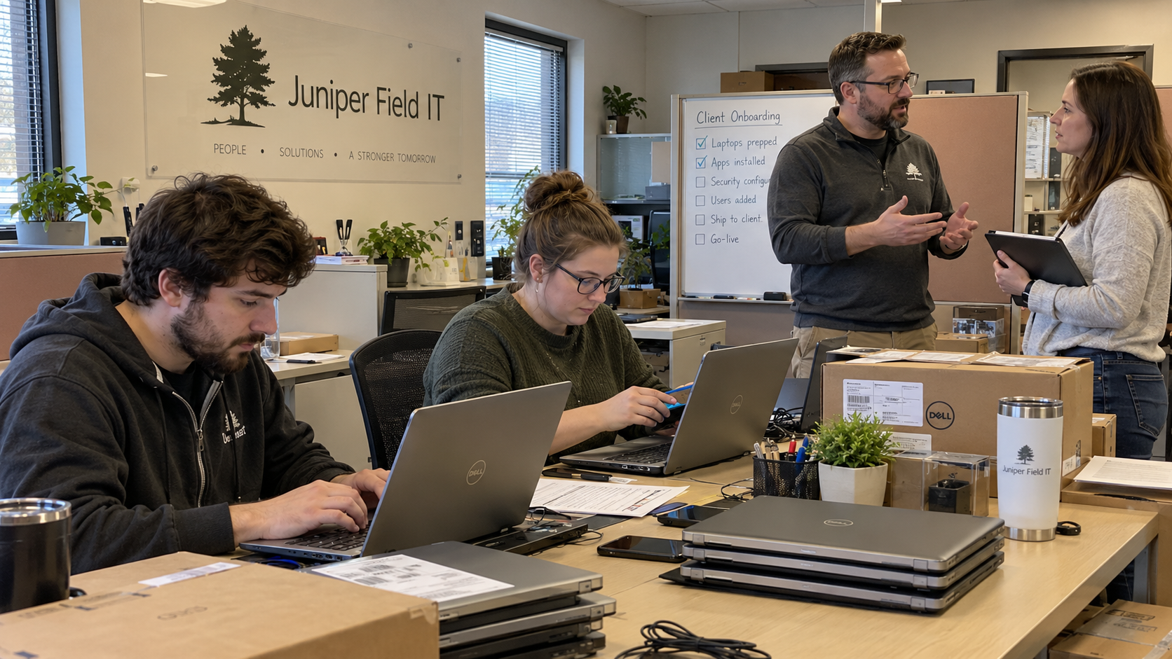 A team stages client laptops while its leaders plan delivery capacity for MSP growth vs profitability.