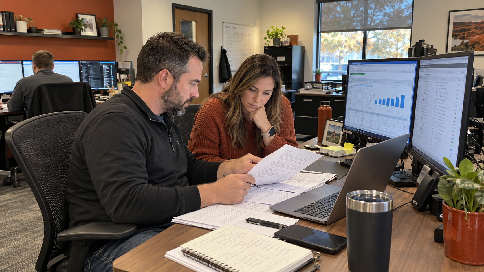MSP owner and colleague reconcile recurring client agreements with a monthly revenue report
