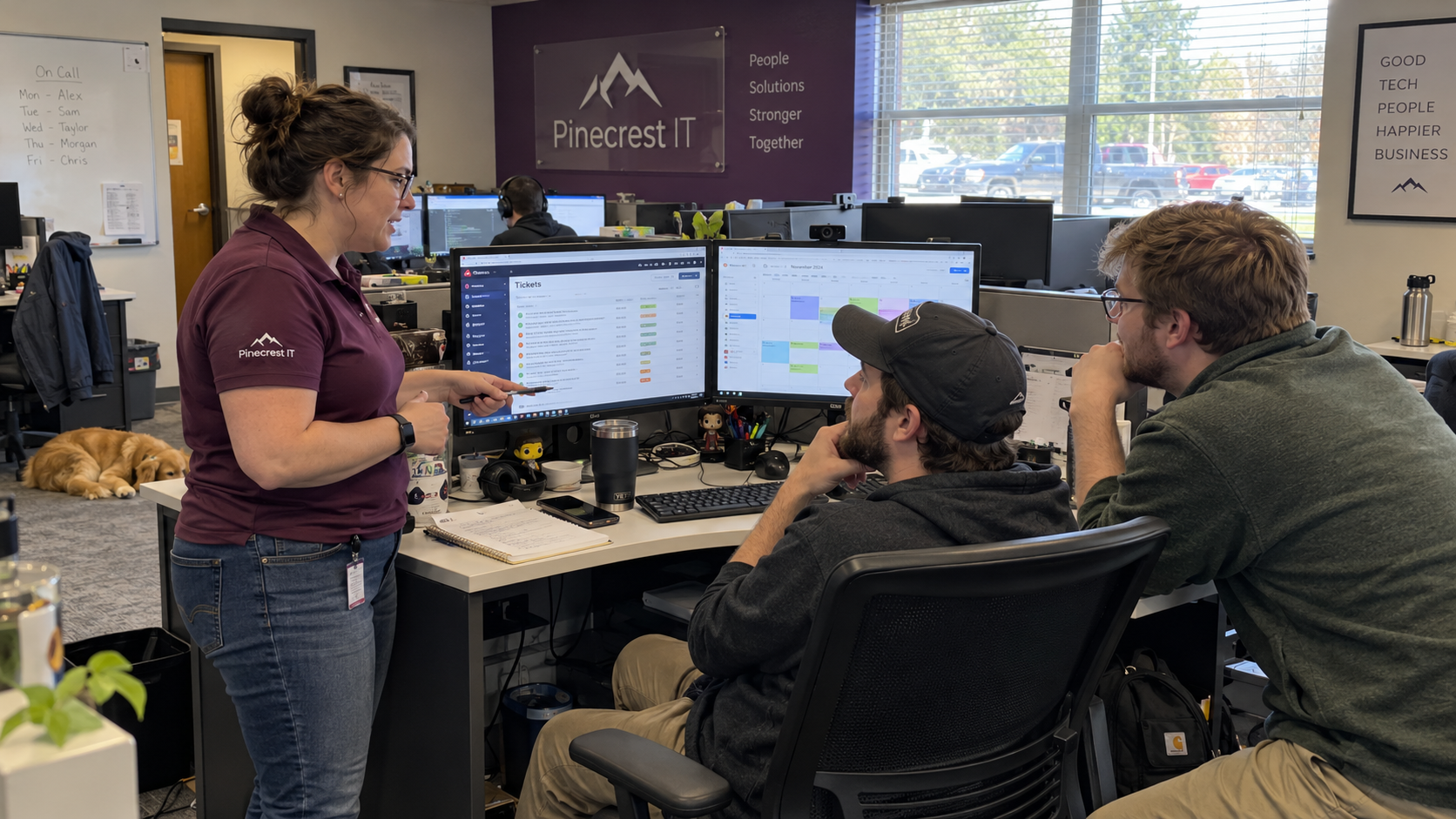 Team lead and technicians compare the queue with the schedule during service desk capacity planning