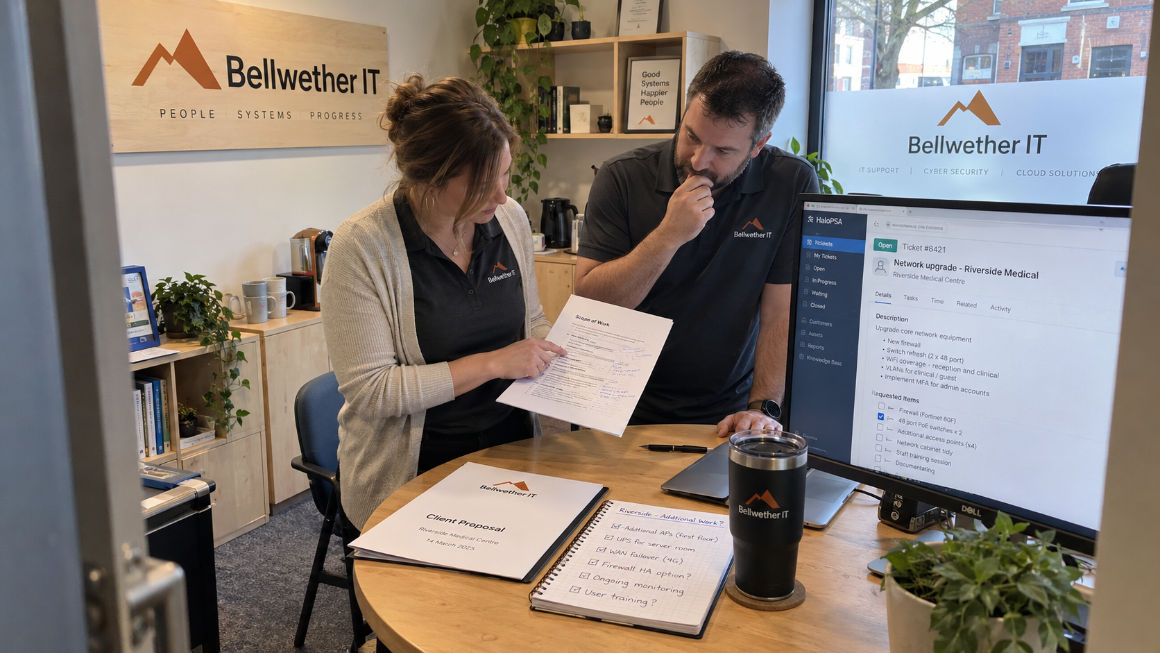 MSP colleagues check a service scope before deciding whether to upsell existing customers with a separate proposal.