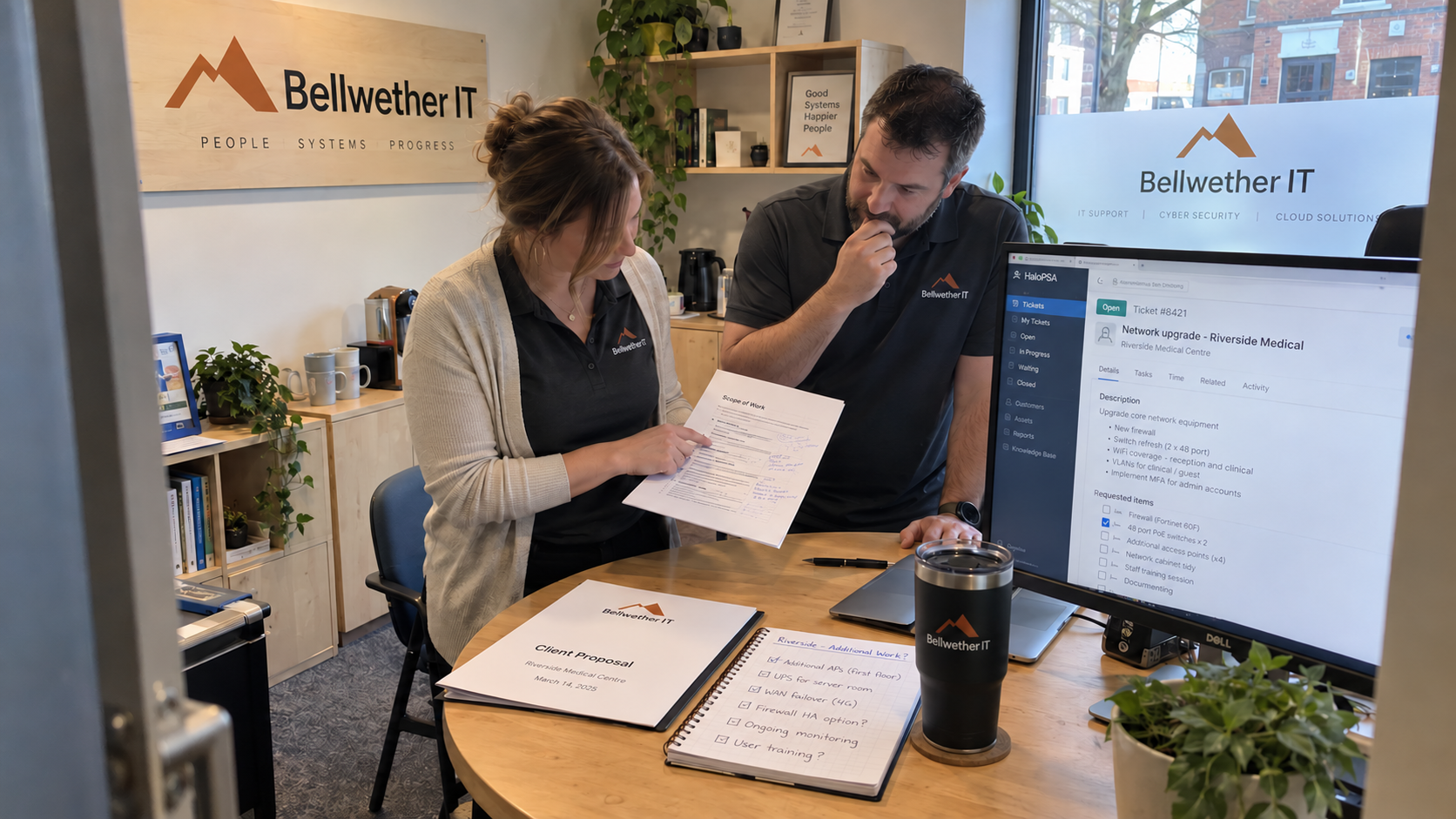 Two MSP colleagues review a Scope of Work sheet beside a ticket screen.