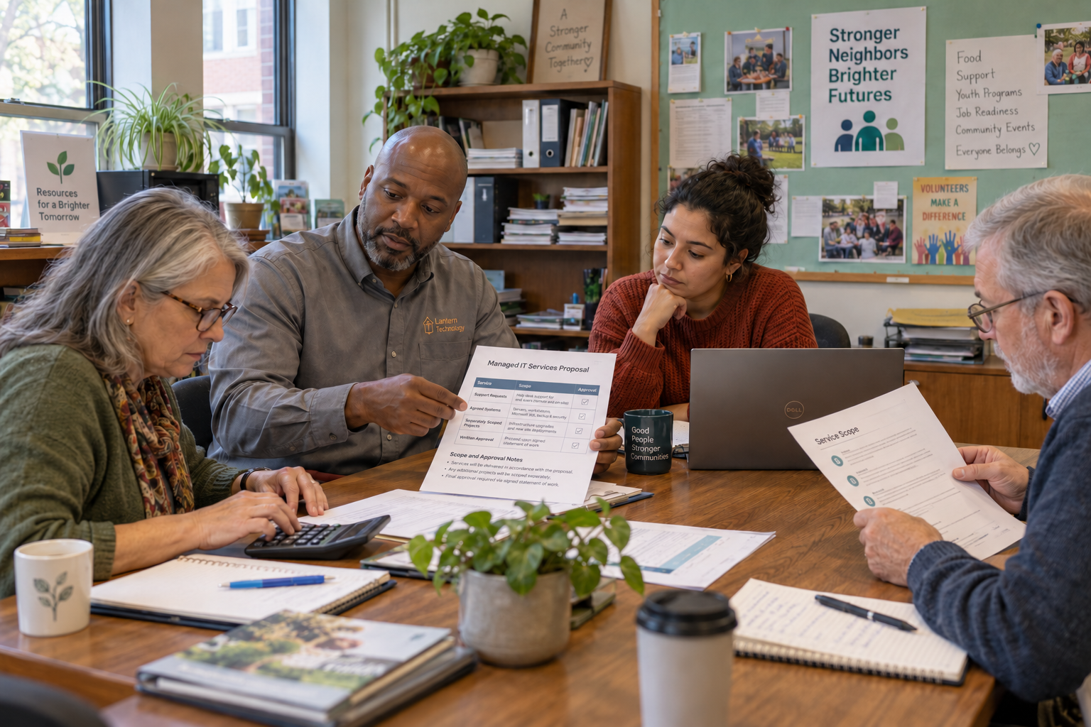 Four people review a service proposal around a table with a laptop and calculator.