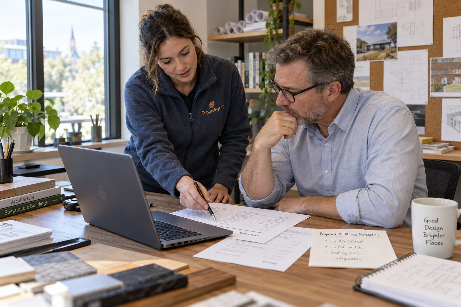 Technician explaining how to say no to a client request outside scope while arranging a quote for extra work