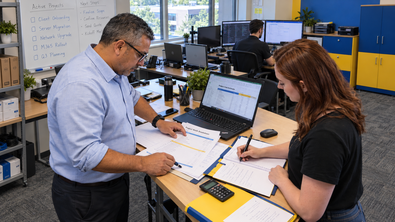 MSP project pricing review with an engineer and coordinator checking estimated work beside a laptop
