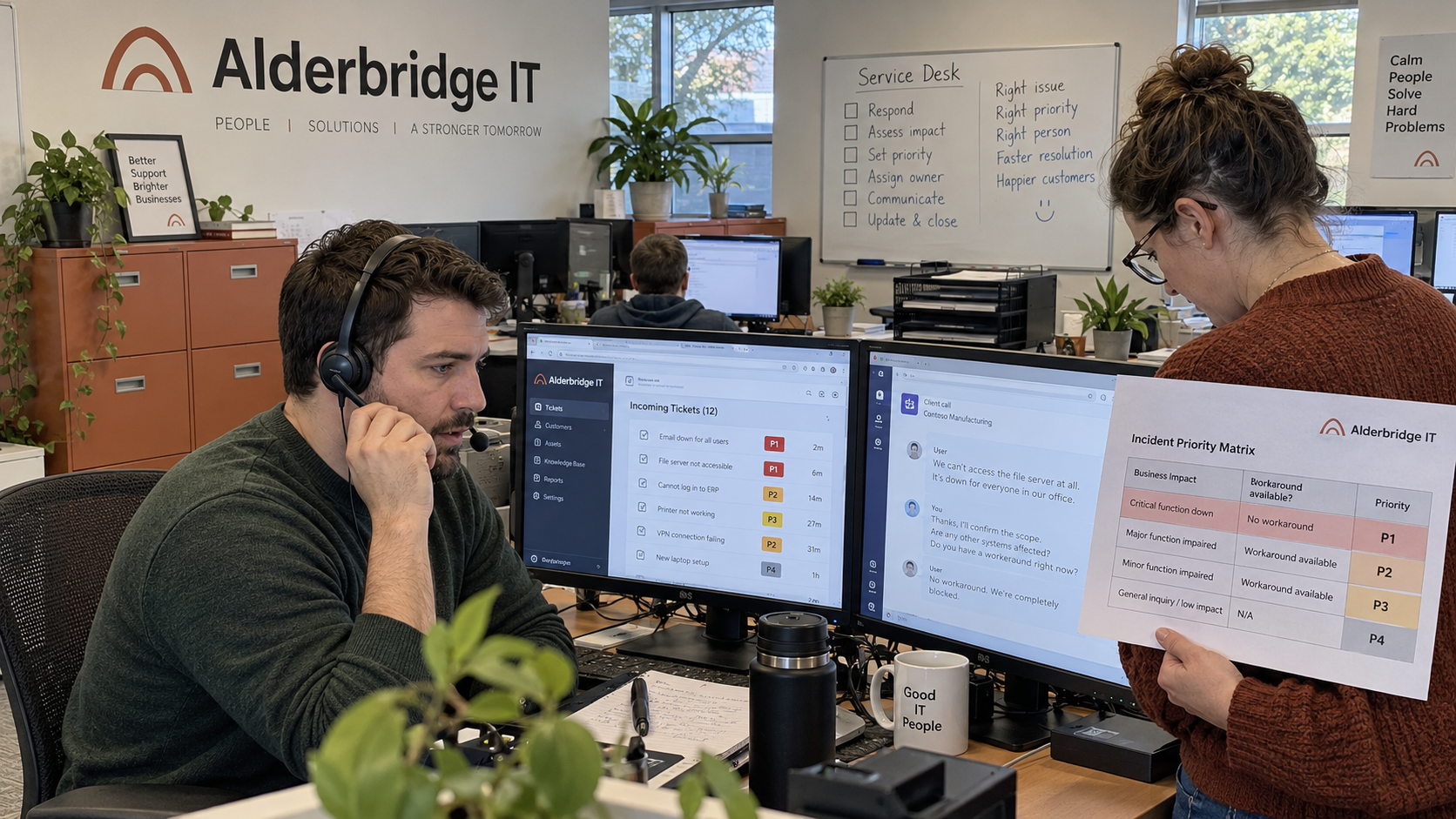 A technician takes a call while a colleague holds a printed incident priority matrix beside the ticket queue.