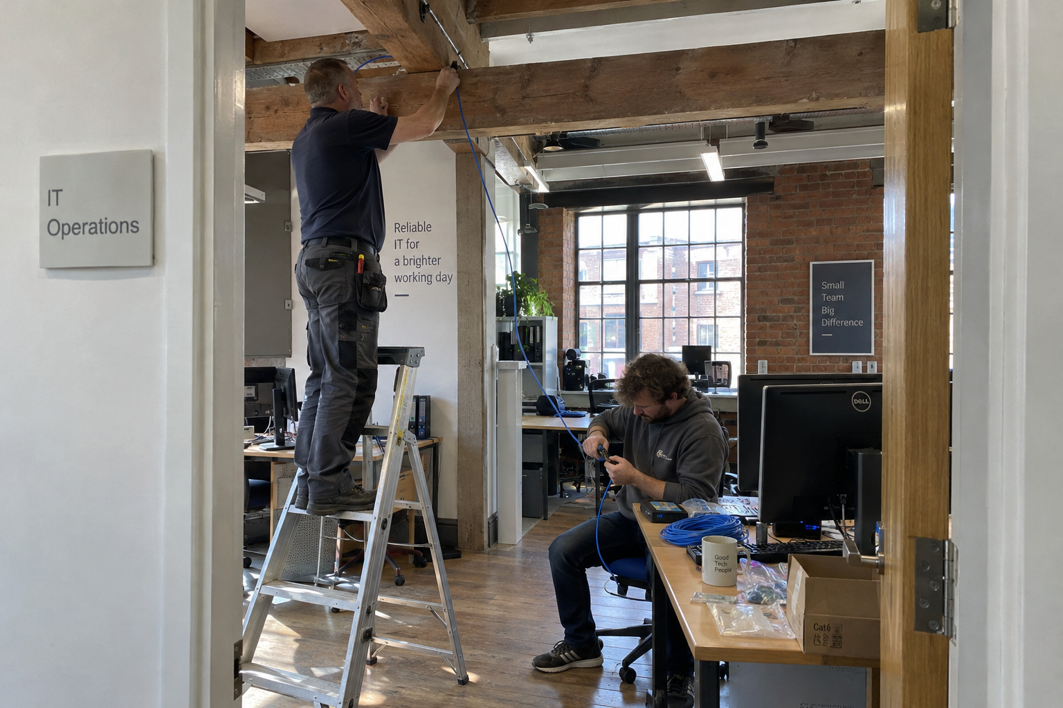 Two technicians install office network cable, showing delivery work behind MSP revenue per employee.