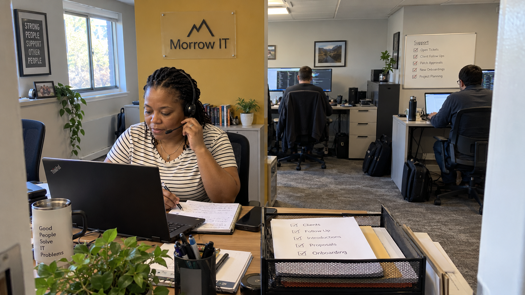 An owner calls warm contacts while working on how to get clients for MSP services from her small IT office