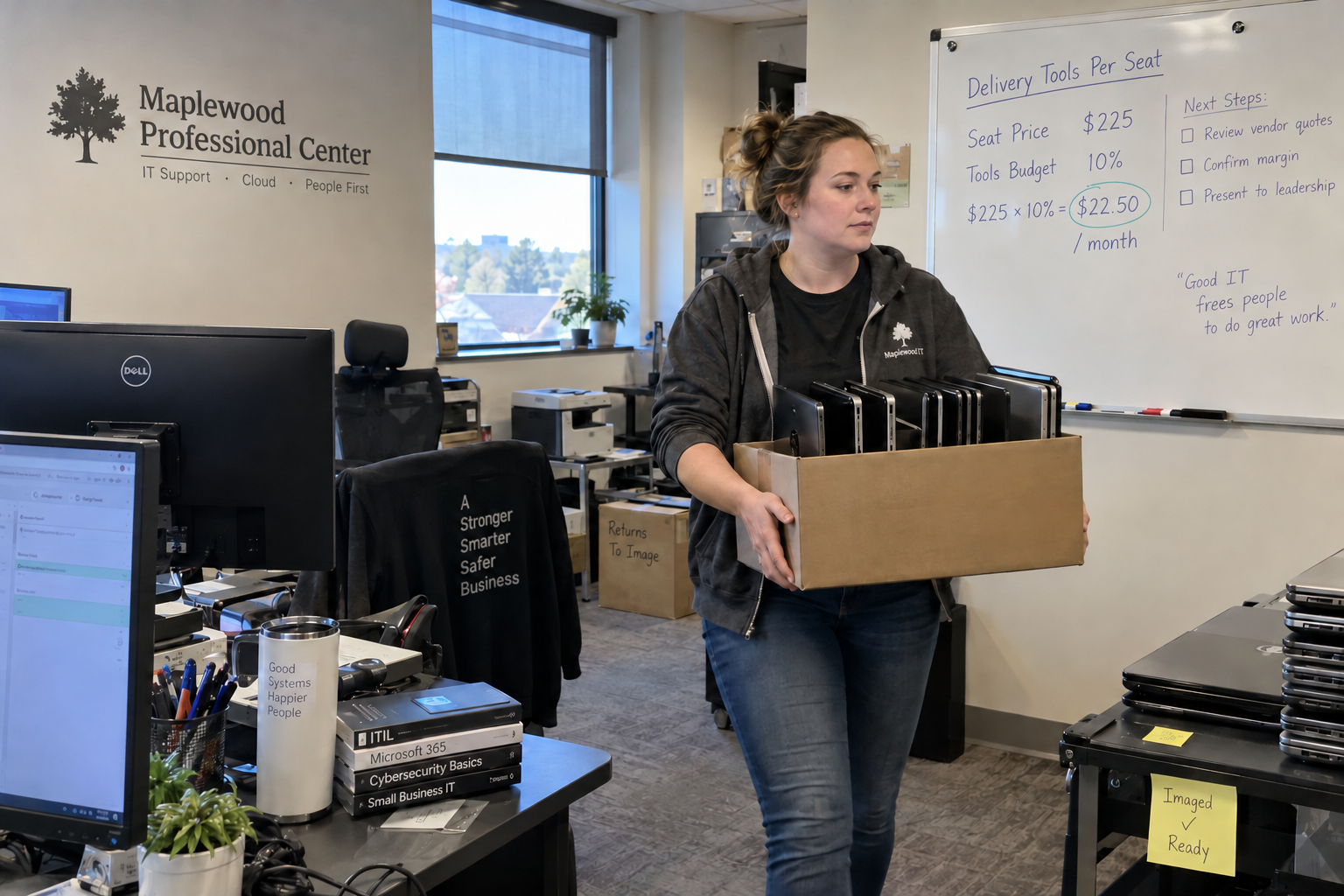 Technician carries client laptops beside a whiteboard calculating MSP tool stack cost.