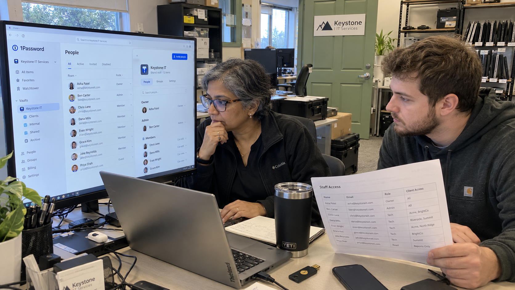 MSP technicians test an IT password policy against vault permissions and a staff access record