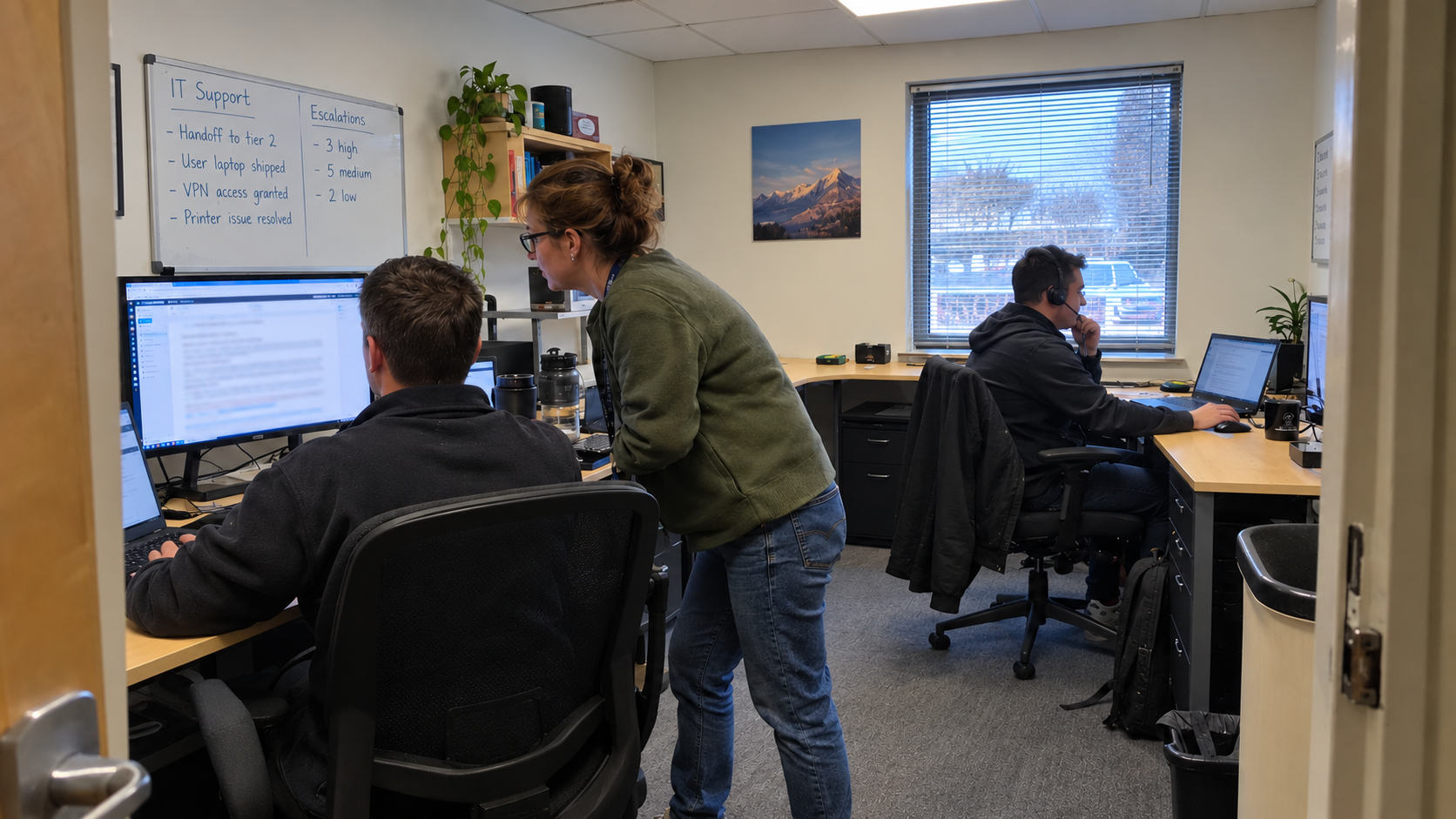Two technicians review a ticket on a monitor while a colleague handles a call.
