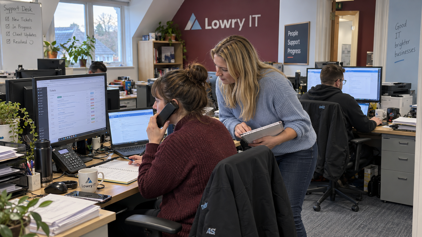 MSP coordinator takes a support call while an account colleague plans updates for dealing with difficult clients