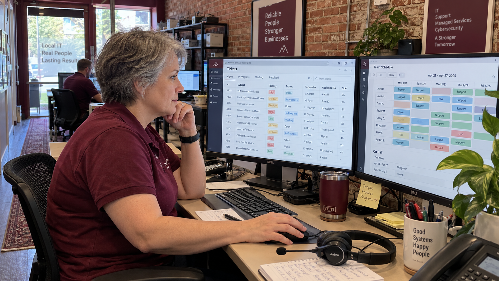 Service lead compares a support queue and staffing calendar while planning an MSP SLA