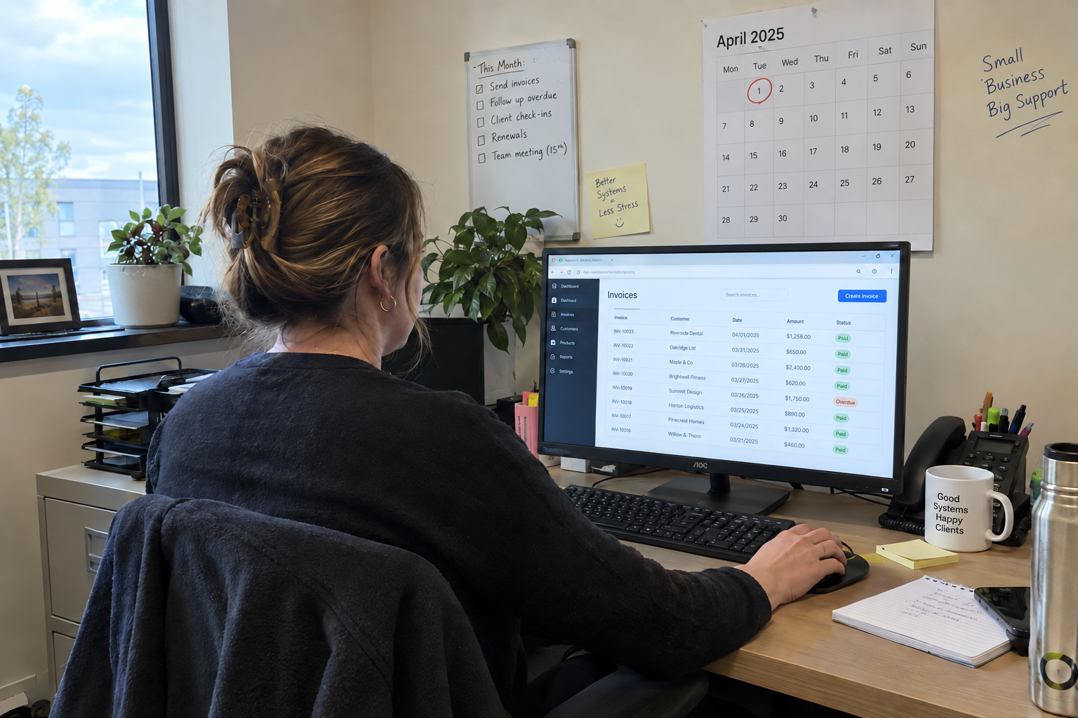 Office manager reviews an invoice list beside a calendar and a billing checklist.