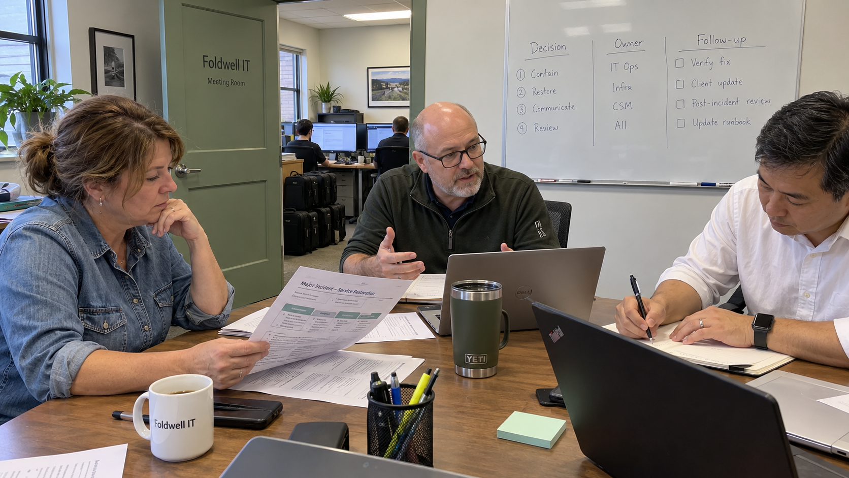 Tabletop exercise: client leaders and an MSP facilitator discuss decisions and follow-up work