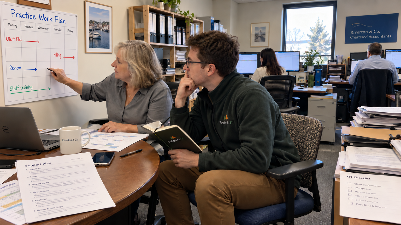 IT support for accounting firms: adviser and practice partner review a work plan and support checklist.