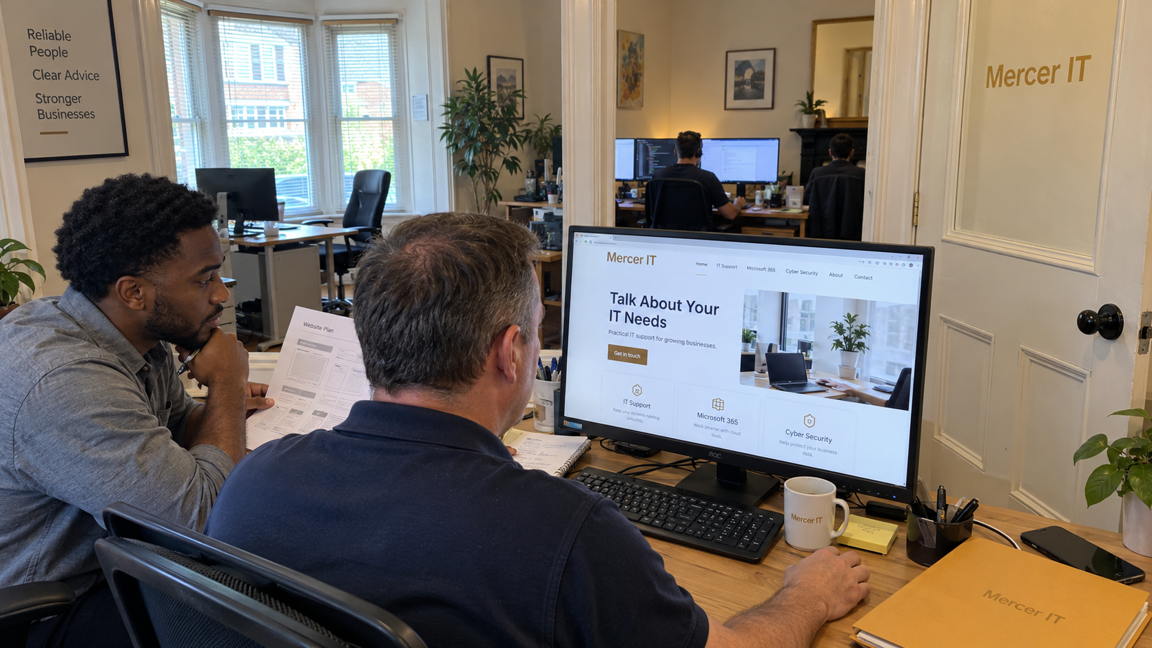 MSP website: an owner and sales colleague review service-page copy and its contact invitation