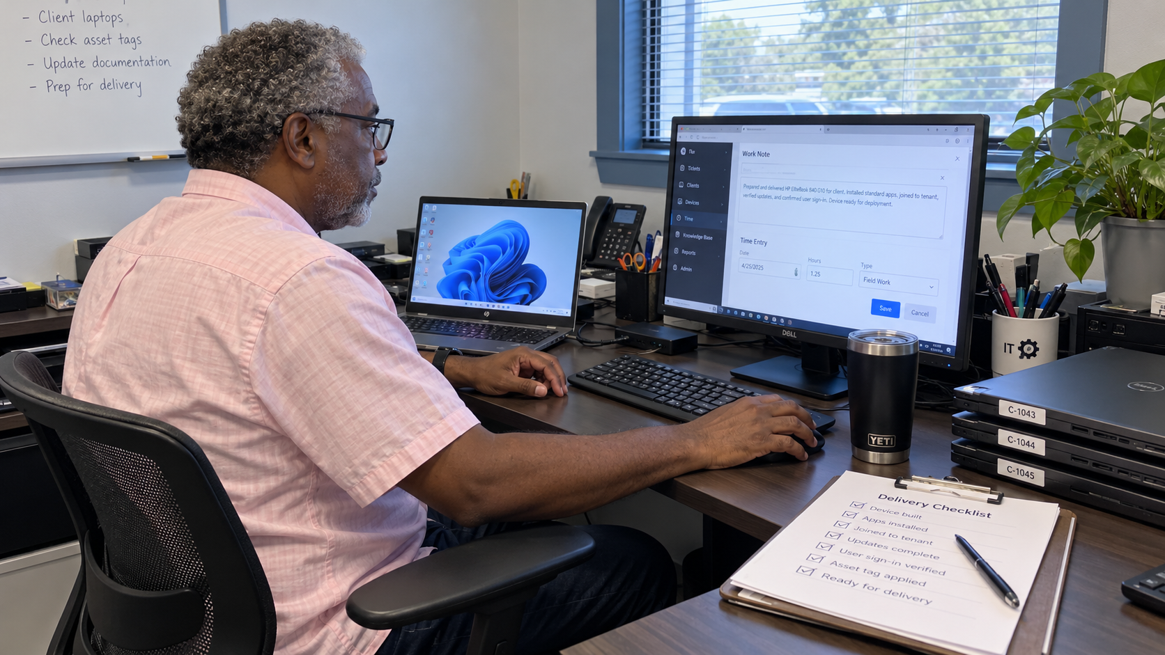 Technician enters a work note after preparing client laptops for accurate MSP time tracking