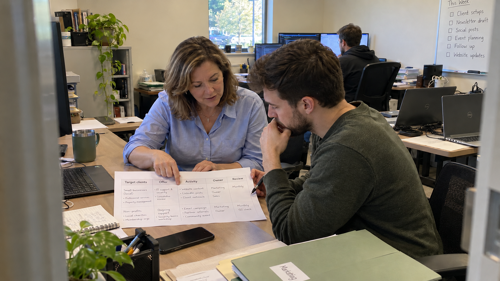 An MSP owner and colleague review a marketing plan worksheet with activities and owners in an IT office.
