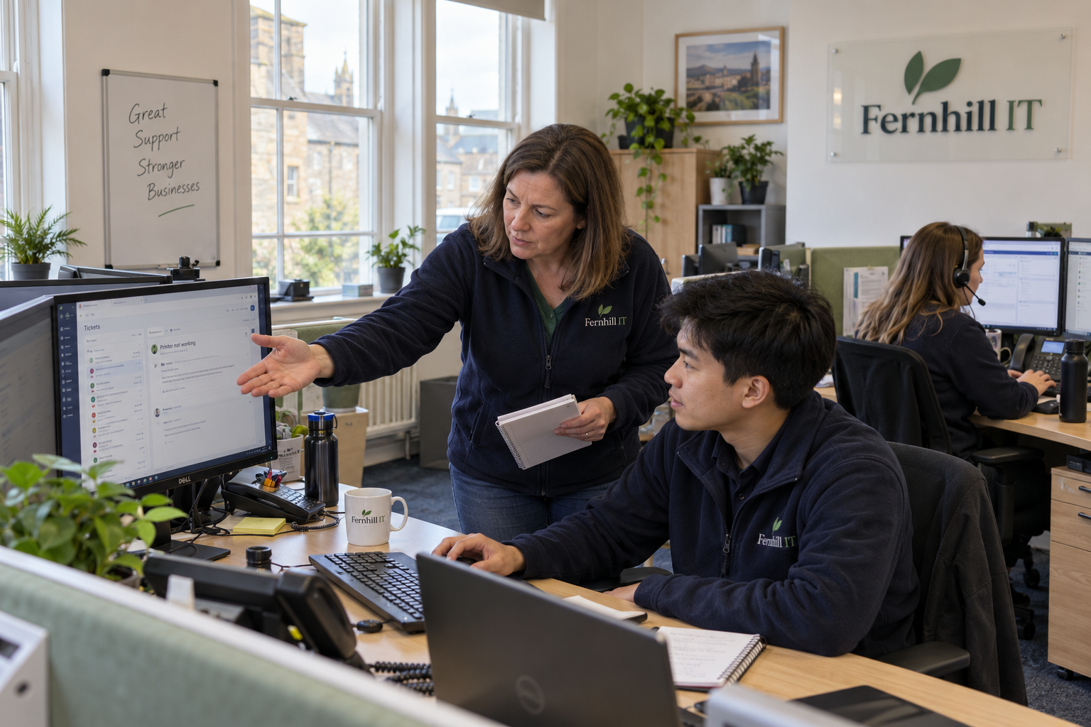 MSP team lead responsibilities in practice as a lead reviews a ticket assignment with a desk technician