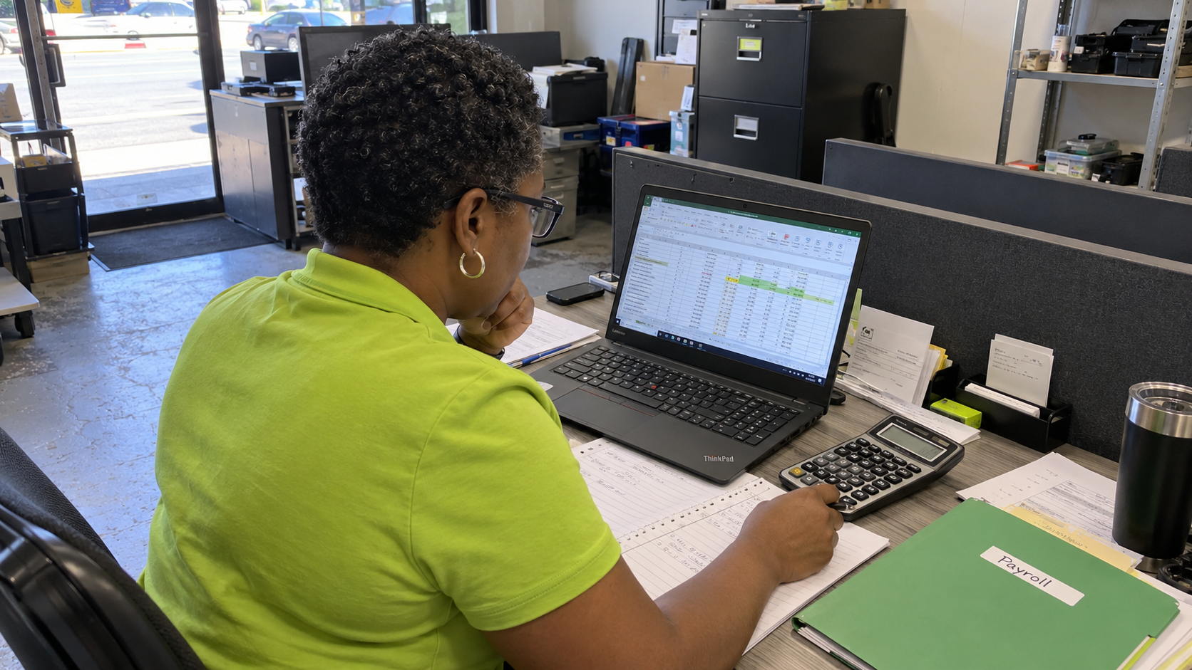 An MSP owner checks payroll costs with a calculator and laptop in a lime-and-charcoal storefront office.
