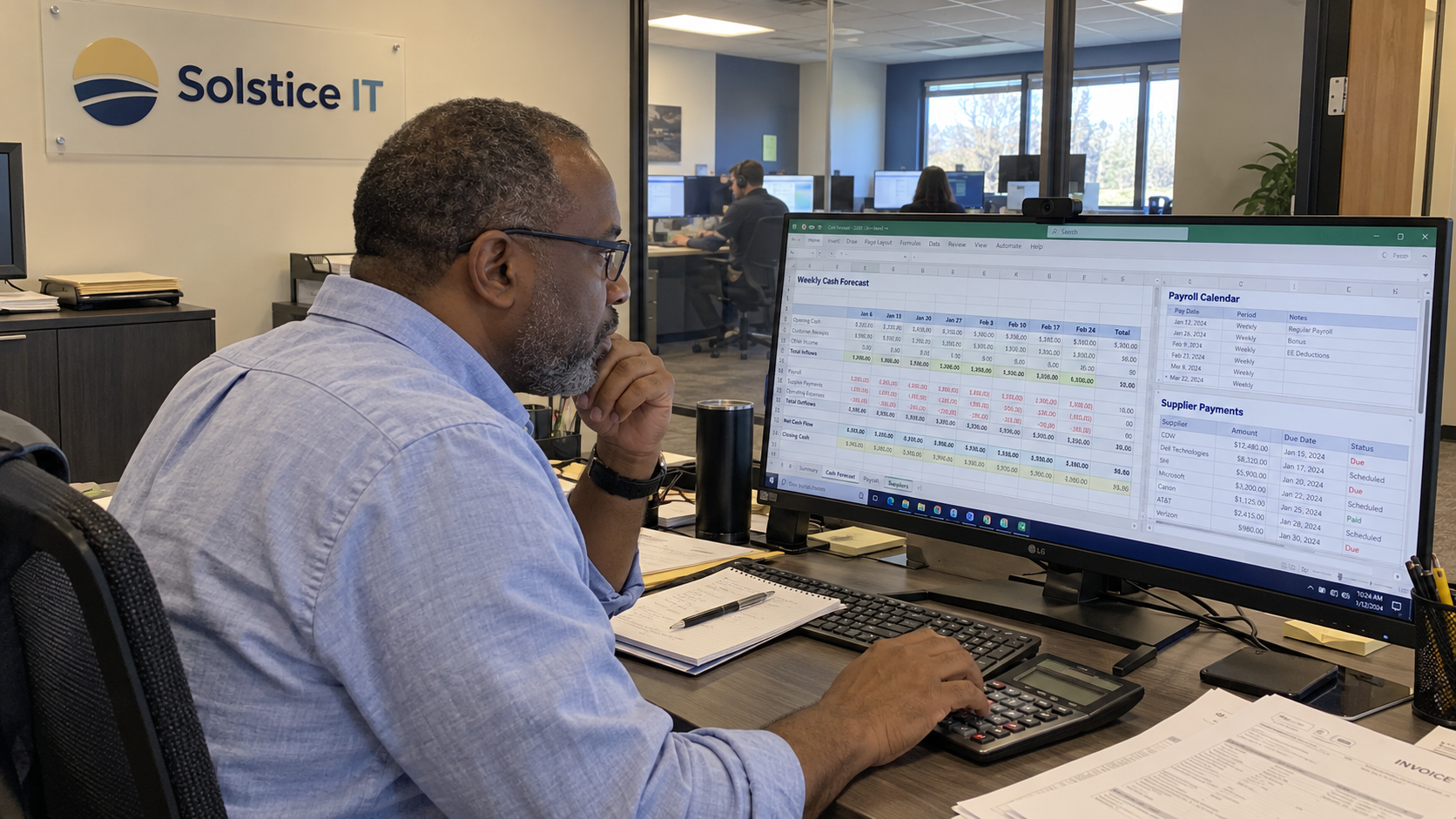 Finance lead checks a 13 week cash flow forecast beside payroll and supplier payment schedules