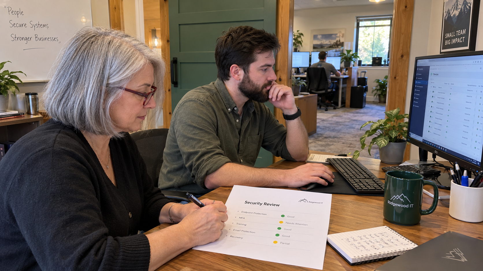 MSP account manager and technician check a cybersecurity scorecard template against supporting records