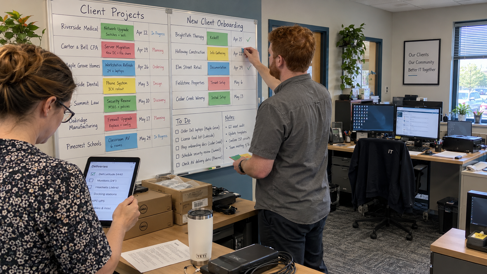 MSP coordinator and engineer review client projects and onboarding for project capacity planning