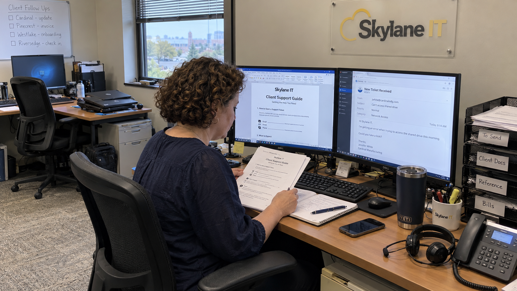 Small MSP owner reviews a support guide and ticket receipt wording for managing client expectations