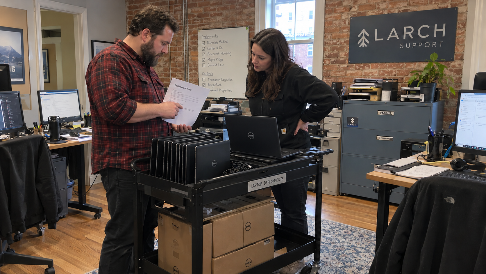 MSP project lead and engineer review a statement of work template beside client laptops for deployment