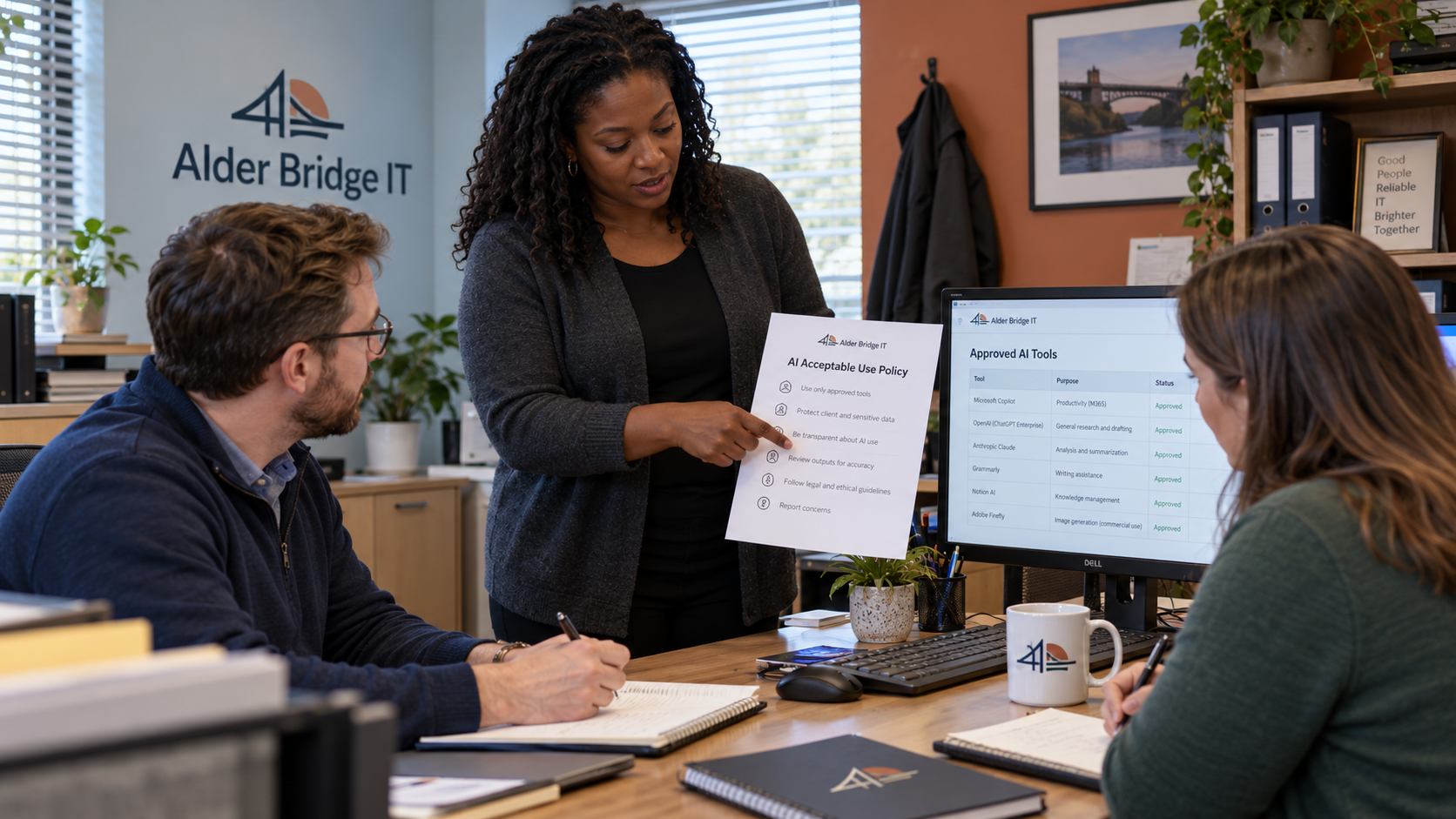 MSP technical lead reviews an AI acceptable use policy and approved-use record with staff