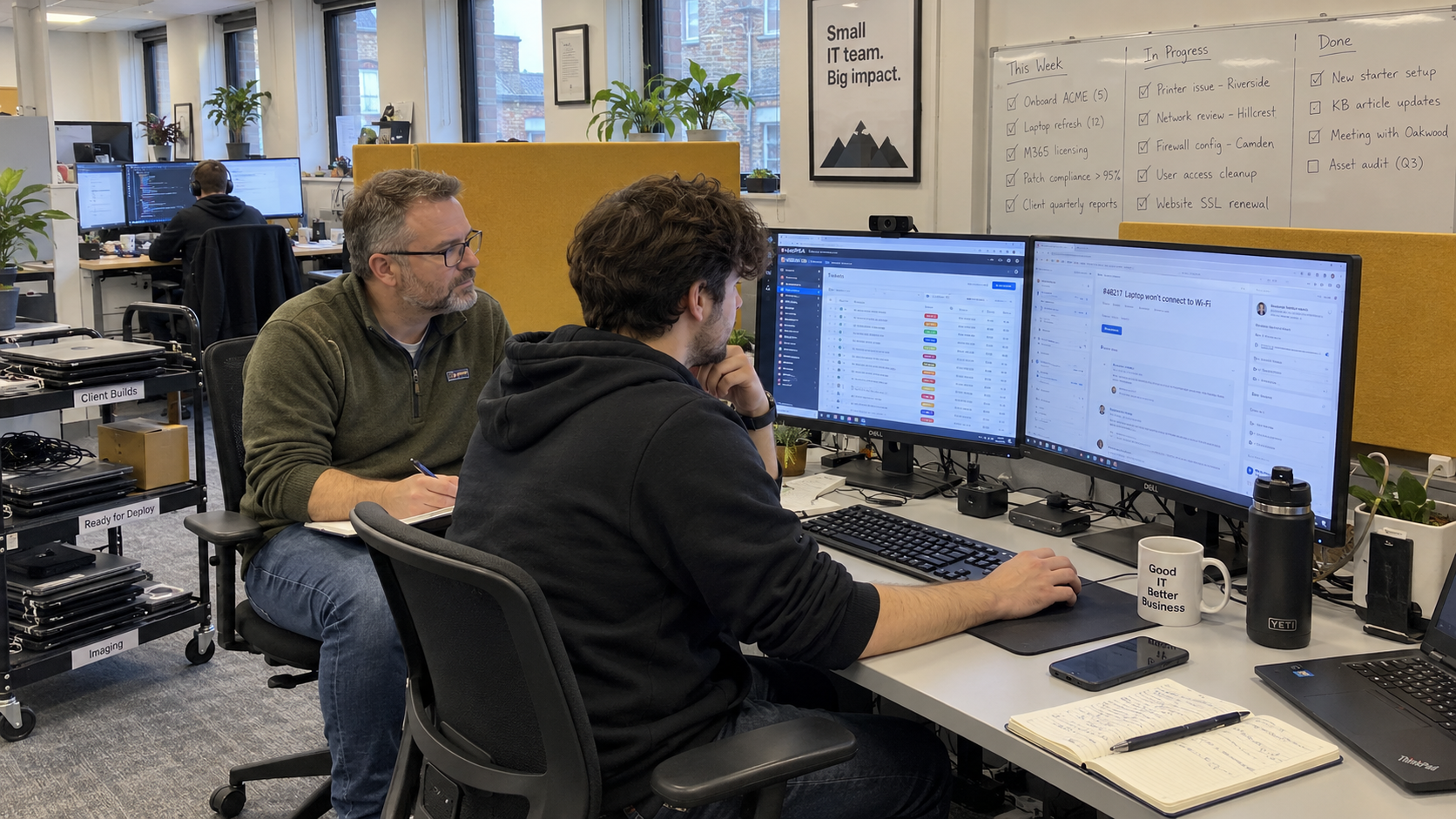 A service-desk technician reviews tickets while a nearby lead observes and takes notes.