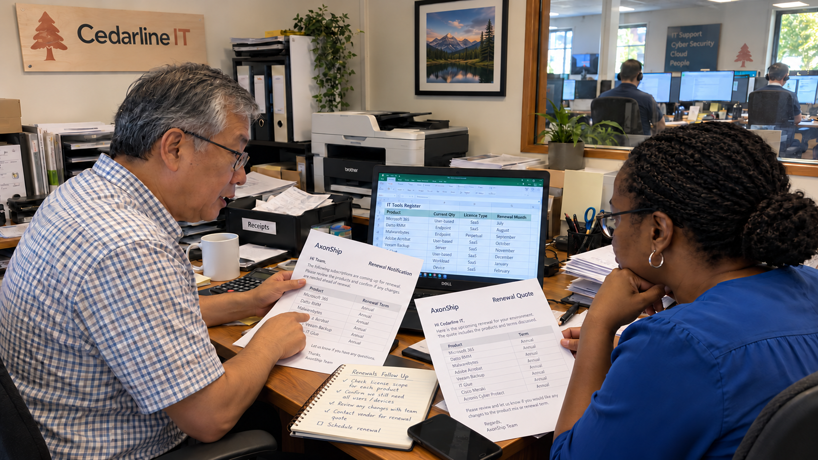 SaaS price increases review with two MSP managers comparing software renewal letters and a tools register