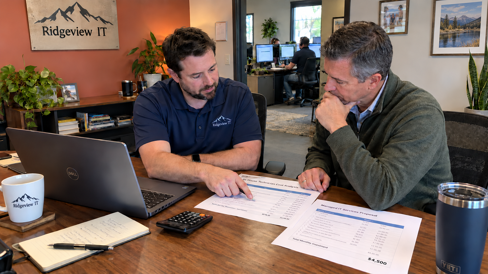 In-house IT vs MSP cost comparison with a prospect reviewing payroll and a managed service proposal