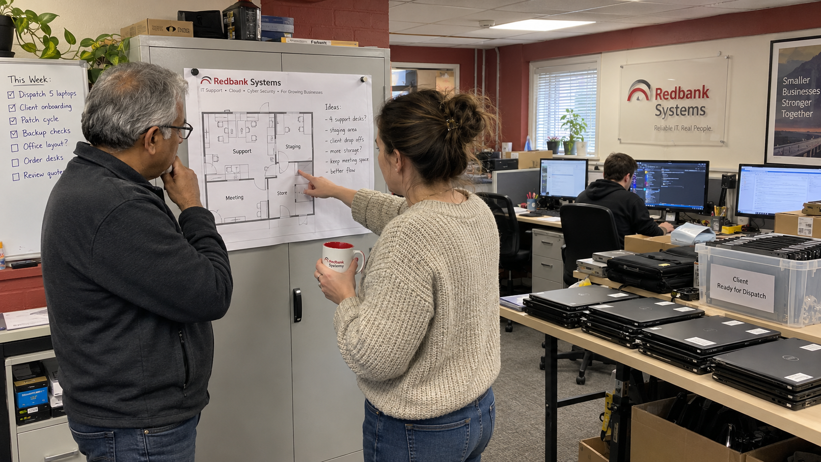 Two MSP staff review an office floor plan beside laptops staged for client dispatch