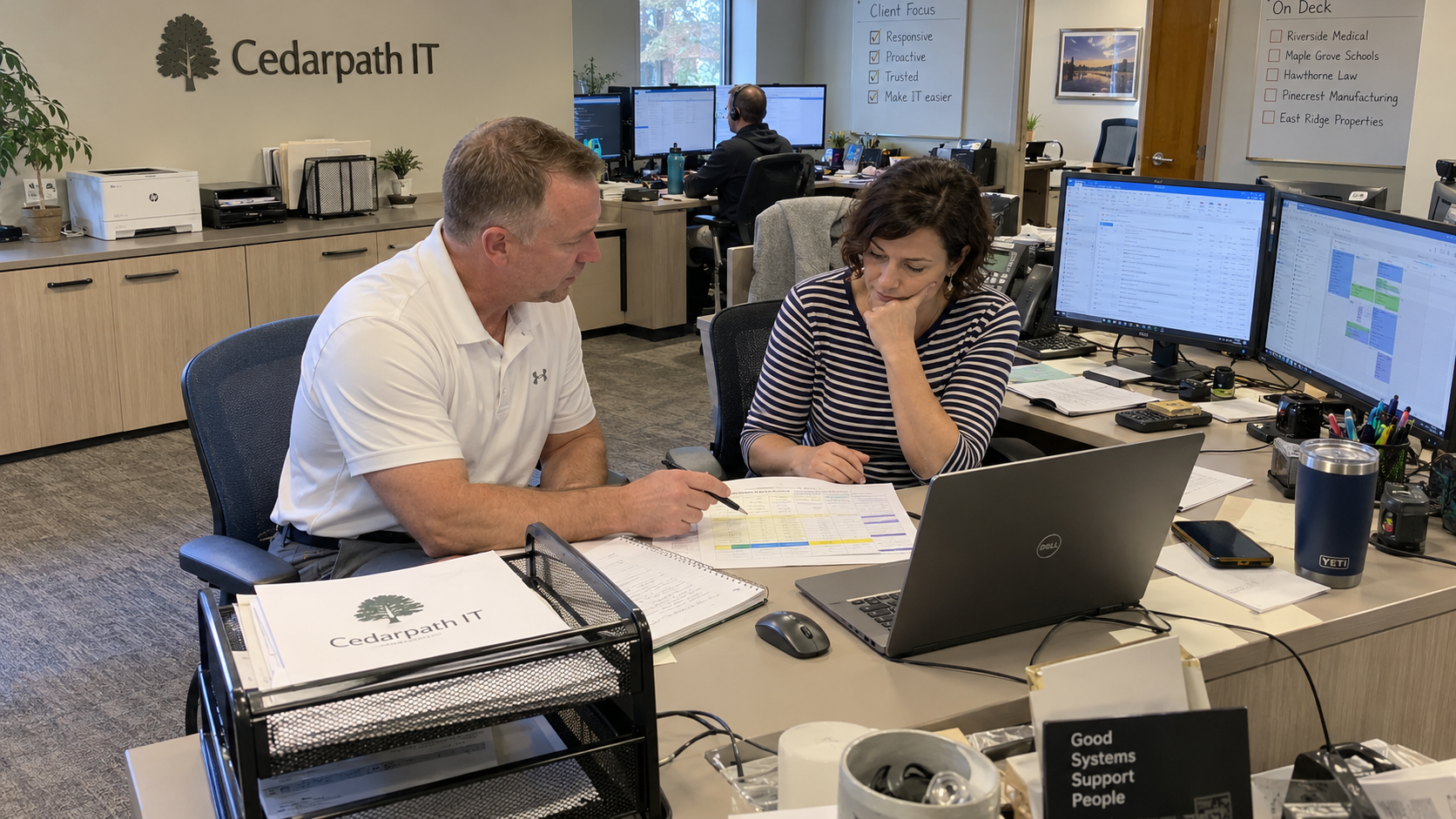 One person IT department manager reviews an absence coverage worksheet with an MSP coordinator